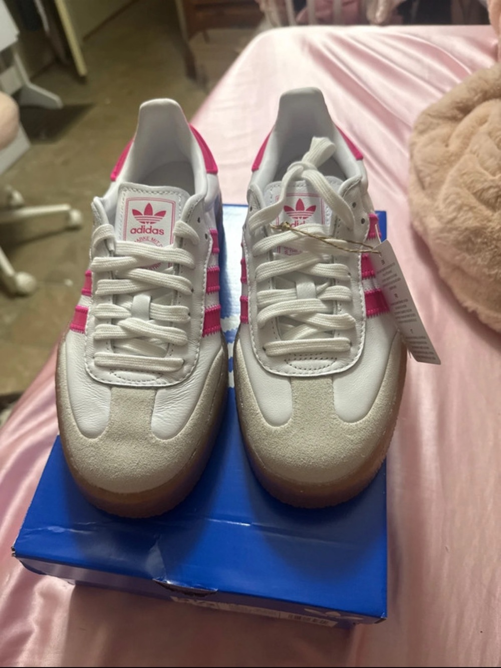 adidas White and Pink Samba Classic Sneakers